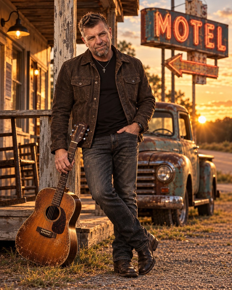 Will Young with guitar, Americana porch